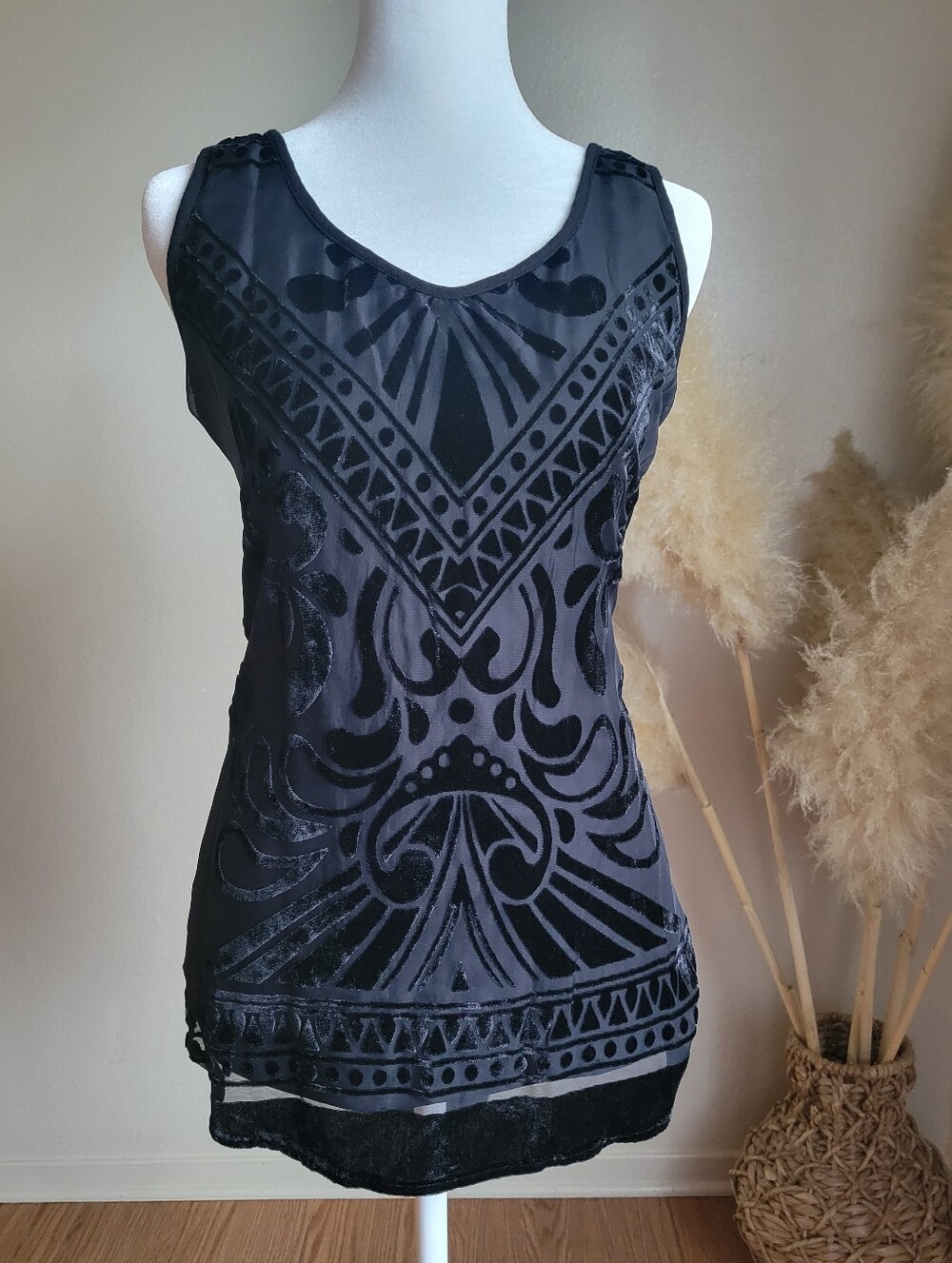 Mossimo Velvet Burnout Top Black Sheer Art Deco Boho Whimsigoth Goth Witchy Sz L
